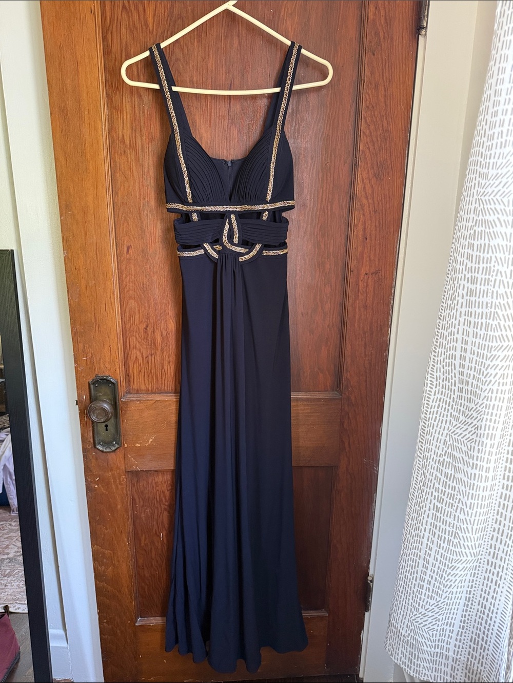 Betsy & Adam Navy Evening Gown with Gold Accents - Size 4